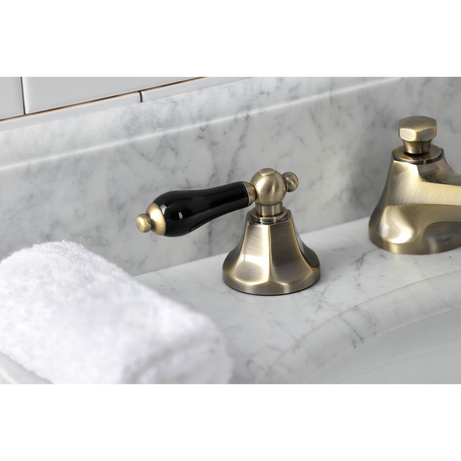 Kingston Tulare KS4463PKL - Duchess Two-Handle 3-Hole Deck Mount Widespread Bathroom Faucet with Brass Pop-Up, Antique Brass — thumbnail 2